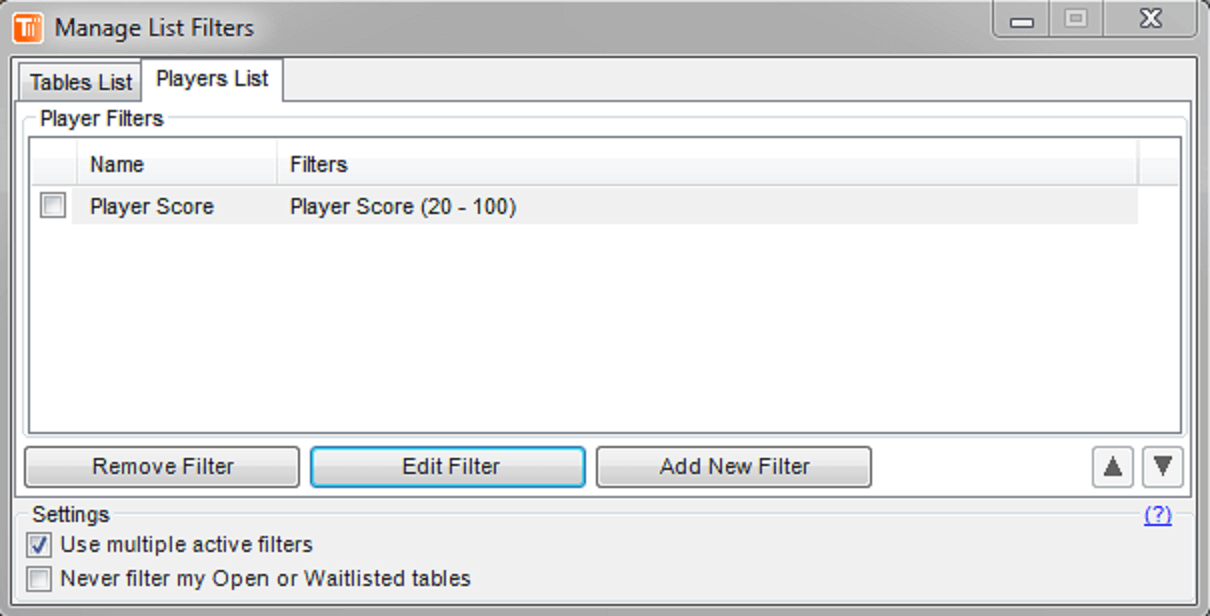 TableScan Turbo-List filters-Player List